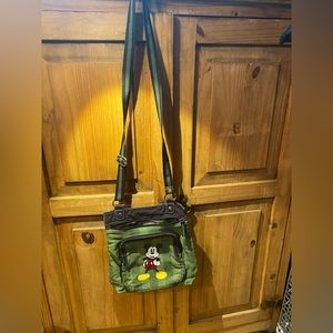 Mickey Mouse w/ Red Sequence Purse Handbag Green/Dark Green Stripes W/Strap